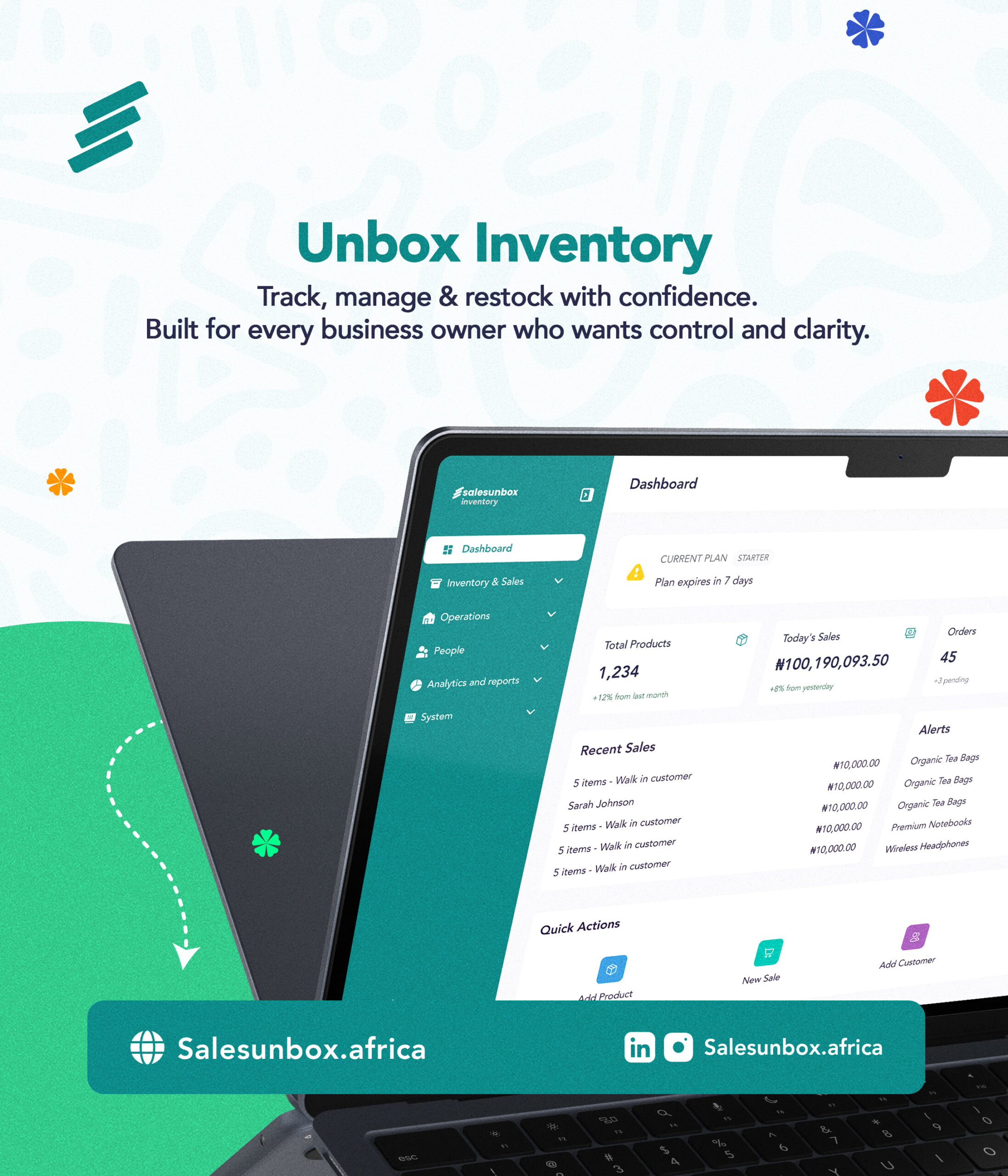 SalesUnbox digital retail dashboard on a laptop screen showing real-time inventory metrics, total product tracking, low stock alerts, and automated sales figures.